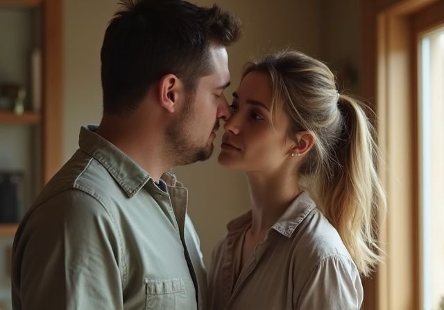 Een man en vrouw staan intiem dicht bij elkaar in een kamer