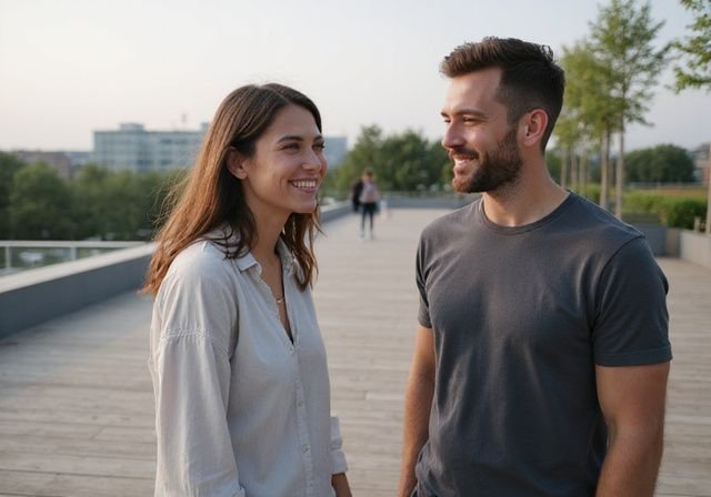 Een vrouw en man hebben een speelse conversatie op een terras