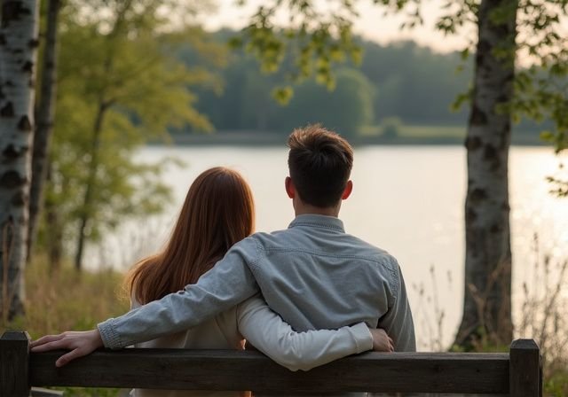 Een stel zit op een houten bank aan een serene vijver