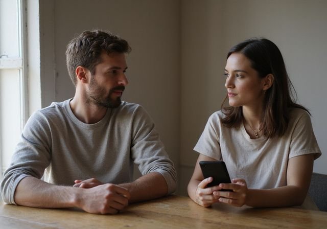 Twee volwassenen voeren een rustige conversatie in een bescheiden ruimte