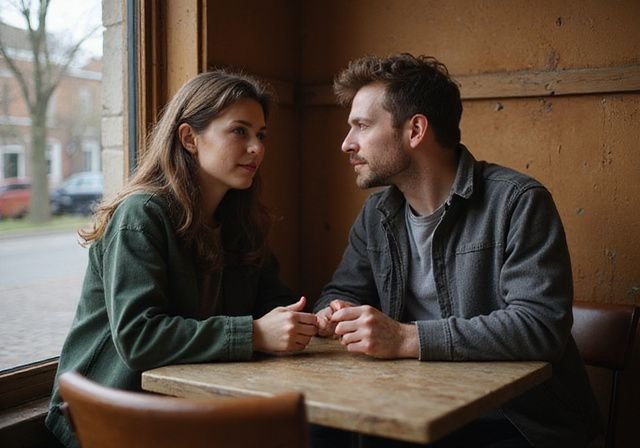 Een man en vrouw zitten samen in een café en converseren