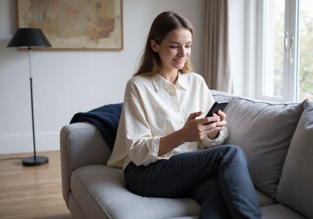 Een vrouw zit ontspannen op een moderne bank met een glimlach.