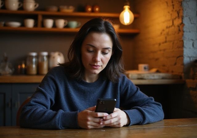 Een middelbare vrouw leest geconcentreerd op haar smartphone in een café.