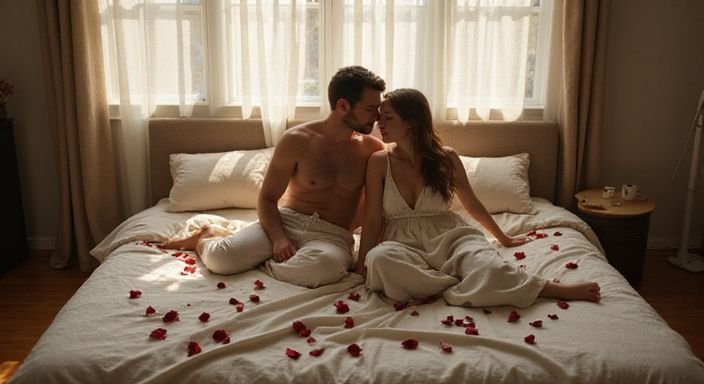 Twee mensen zitten intiem op een bed met rozenblaadjes