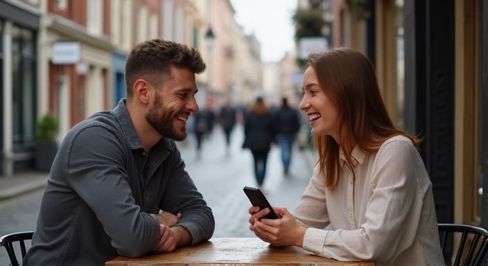 Een jong stel lacht samen tijdens een cafébezoek in Vlaanderen