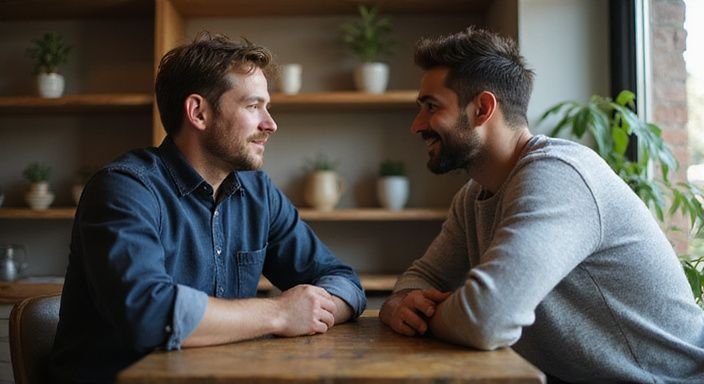 Twee mannen voeren een aandachtig gesprek aan een houten tafel over homo gay sexcontact