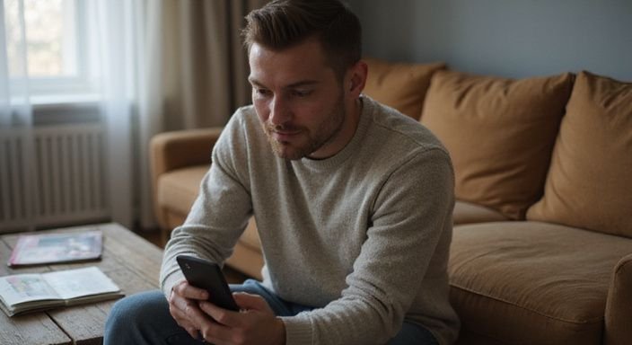 Een jonge volwassene scrollt door online datingprofielen op een smartphone
