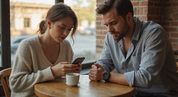 Een vrouw en man zitten gespannen aan een café tafel