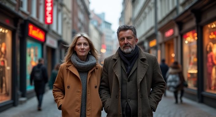 Een vrouw en man wandelen door de straten van Antwerpen.