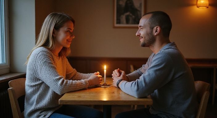 Een man en vrouw delen een intiem moment in een café