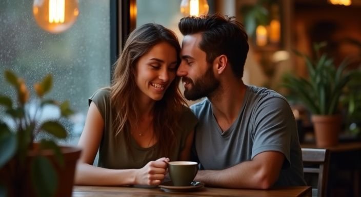 Een vrouw en man delen een intiem moment in een café