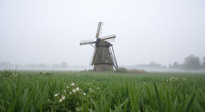 Een traditionele Nederlandse windmill in een mistige, serene ochtend