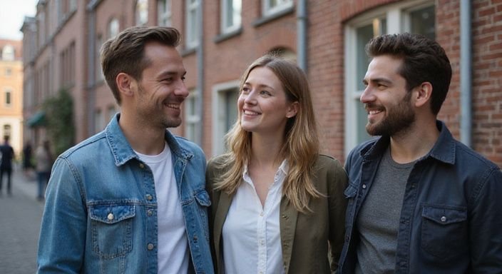 Een groep vrienden staat samen op een geplaveide straat in Groningen