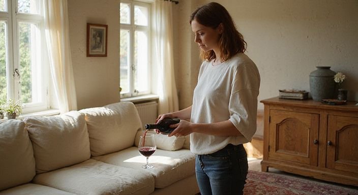 Een vrouw schenkt wijn in een gezellige woonkamer met zachte tinten