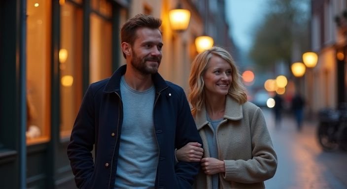 Een man en vrouw wandelen samen ontspannen over een straat