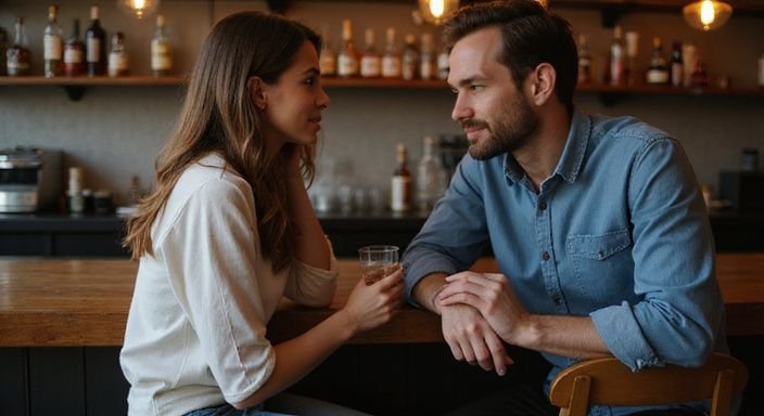 Een man en vrouw hebben een intieme conversatie in een bar