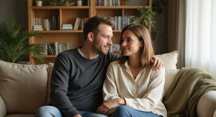 Een man en vrouw zitten intiem op een beige bank