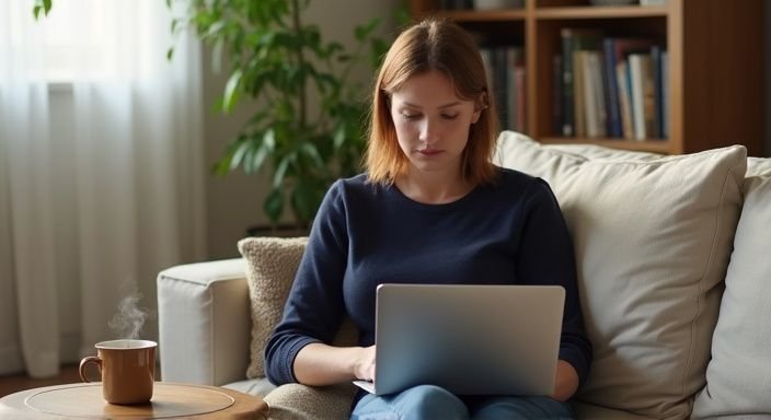 Een vrouw zit ontspannen op een bank met een laptop
