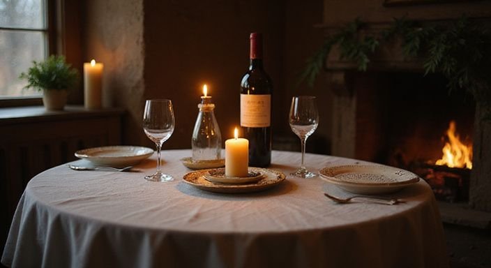 Intieme diner setting met kaarslicht en elegante tafelaankleding