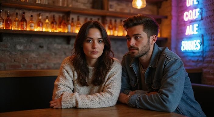 Een man en vrouw zitten aan een bar in een drukke taverne.
