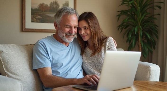 Een ouder echtpaar geniet van een moment samen bij de laptop