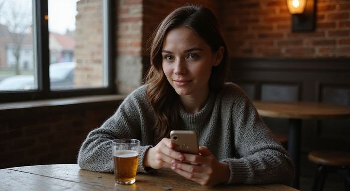 Een vrouw geniet van een moment alleen met haar smartphone en zoket naar Sexcontact Vlaams-Brabant.