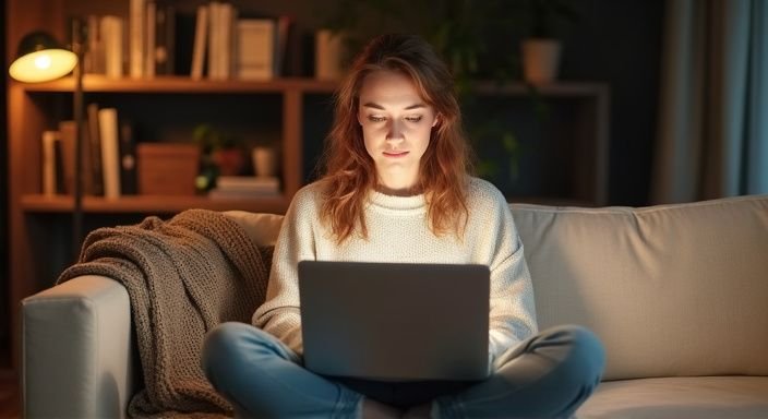Een vrouw zit geconcentreerd op een laptop op de bank.