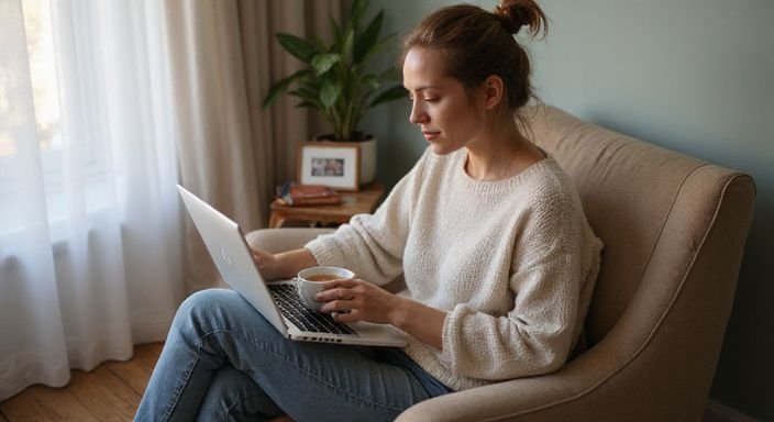 Een vrouw zit op een stoel met een laptop op zoek naar Sexcontact Vlaams-Brabant.