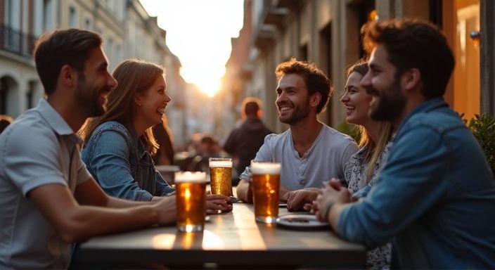 Groep vrienden geniet van een ontspannen moment op een caféterras in Leuven.