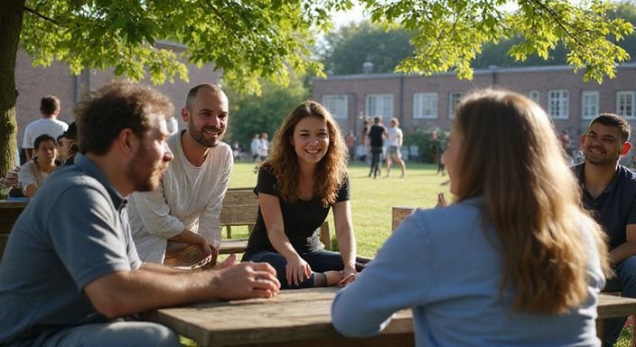 Een levendige gemeenschapsbijeenkomst met lachende mensen in gesprek.
