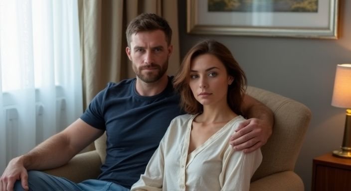 Een man en vrouw zitten samen op een beige fauteuil in een hotelkamer.