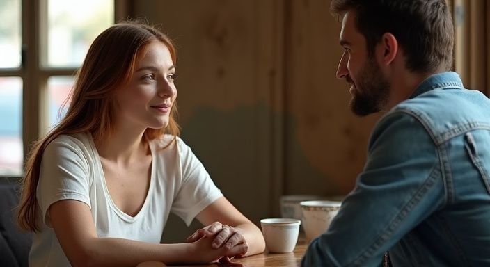 Een vrouw en man hebben een betekenisvol gesprek over Sexcontact in Vlaams-Limburg in een café.