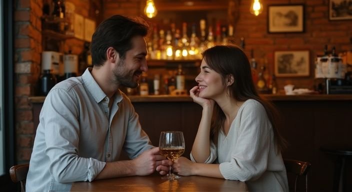 Een man en vrouw zitten intiem aan een klein houten tafel.