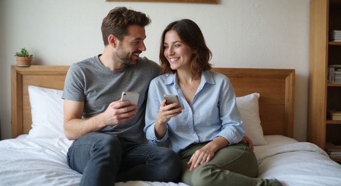 Twee volwassenen zitten ontspannen op een bed en genieten van sexcontact in Vlaanderen.