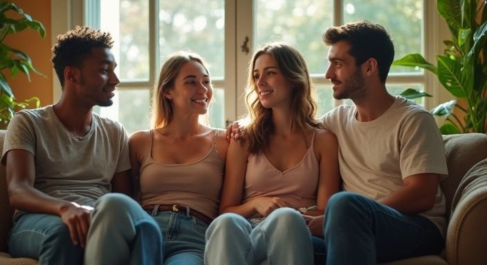 Een groep diverse mensen in een ontspannen, authentieke interactie.