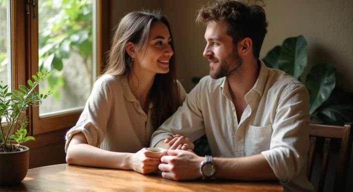 Een man en vrouw delen een intiem moment in een café.
