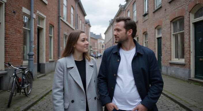 Twee mensen converseren op een rustige kasseistraat in Middelburg