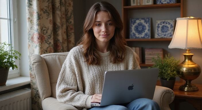 Een vrouw in een comfortabele fauteuil werkt met een laptop