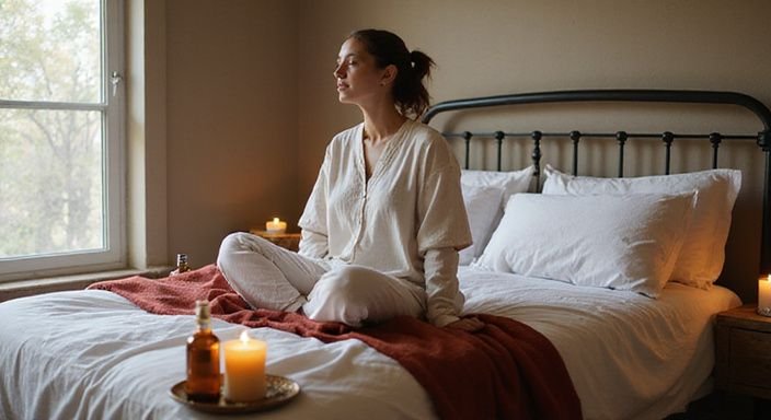 Een uitnodigende slaapkamer met een ontspannen persoon op het bed