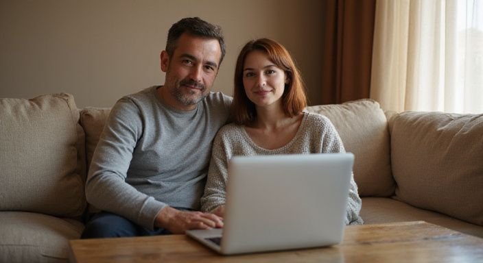 Een man en vrouw zitten samen op een bank met een laptop