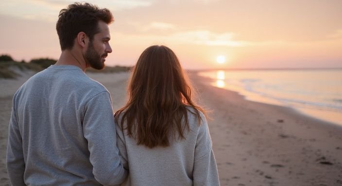 Een stel wandelt naast de zee op een zandstrand