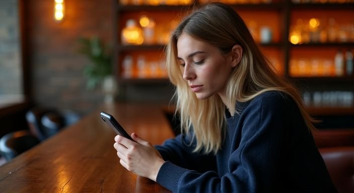 Een jonge vrouw in een bar, bezig met haar smartphone