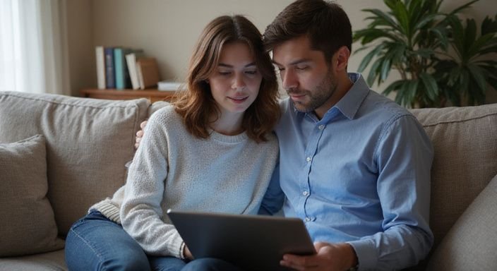 Een vrouw en man zitten samen op een bank met een laptop