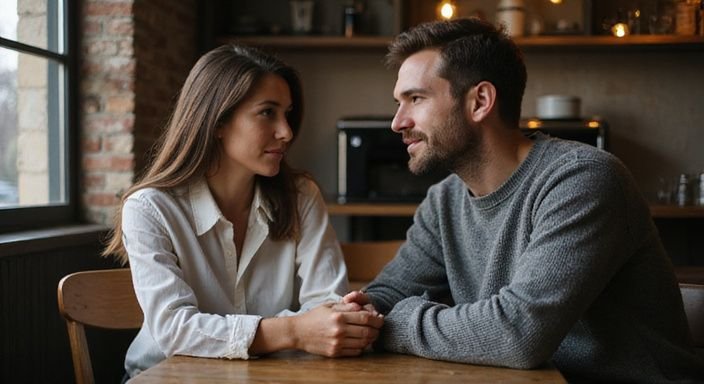 Een man en vrouw delen een intiem gesprek in een café