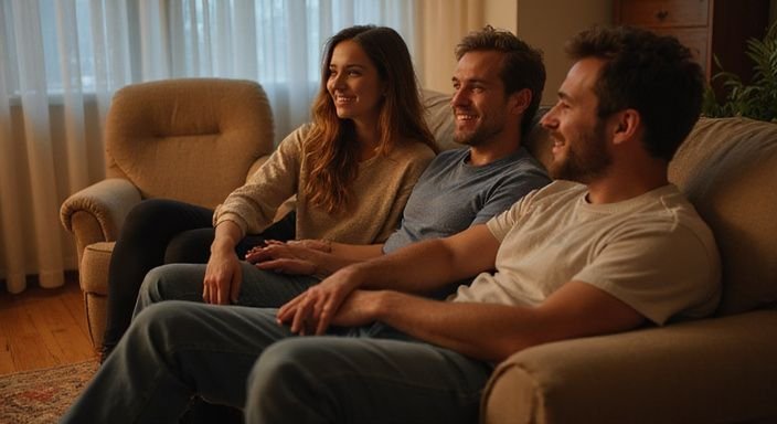 Een intieme bijeenkomst van vrienden op een versleten bank