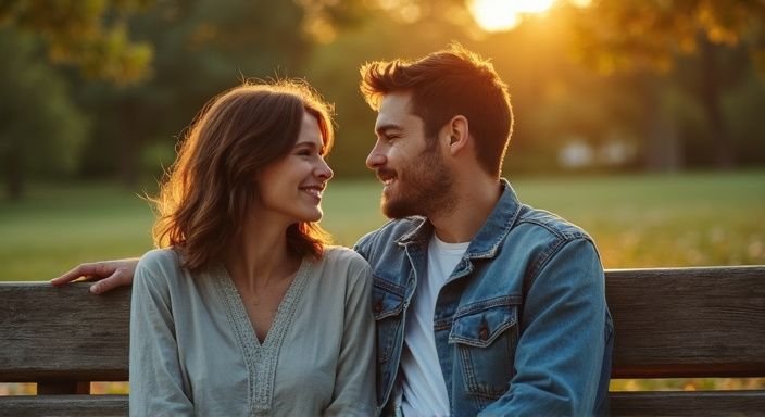 Twee mensen delen een intiem moment op een houten bank